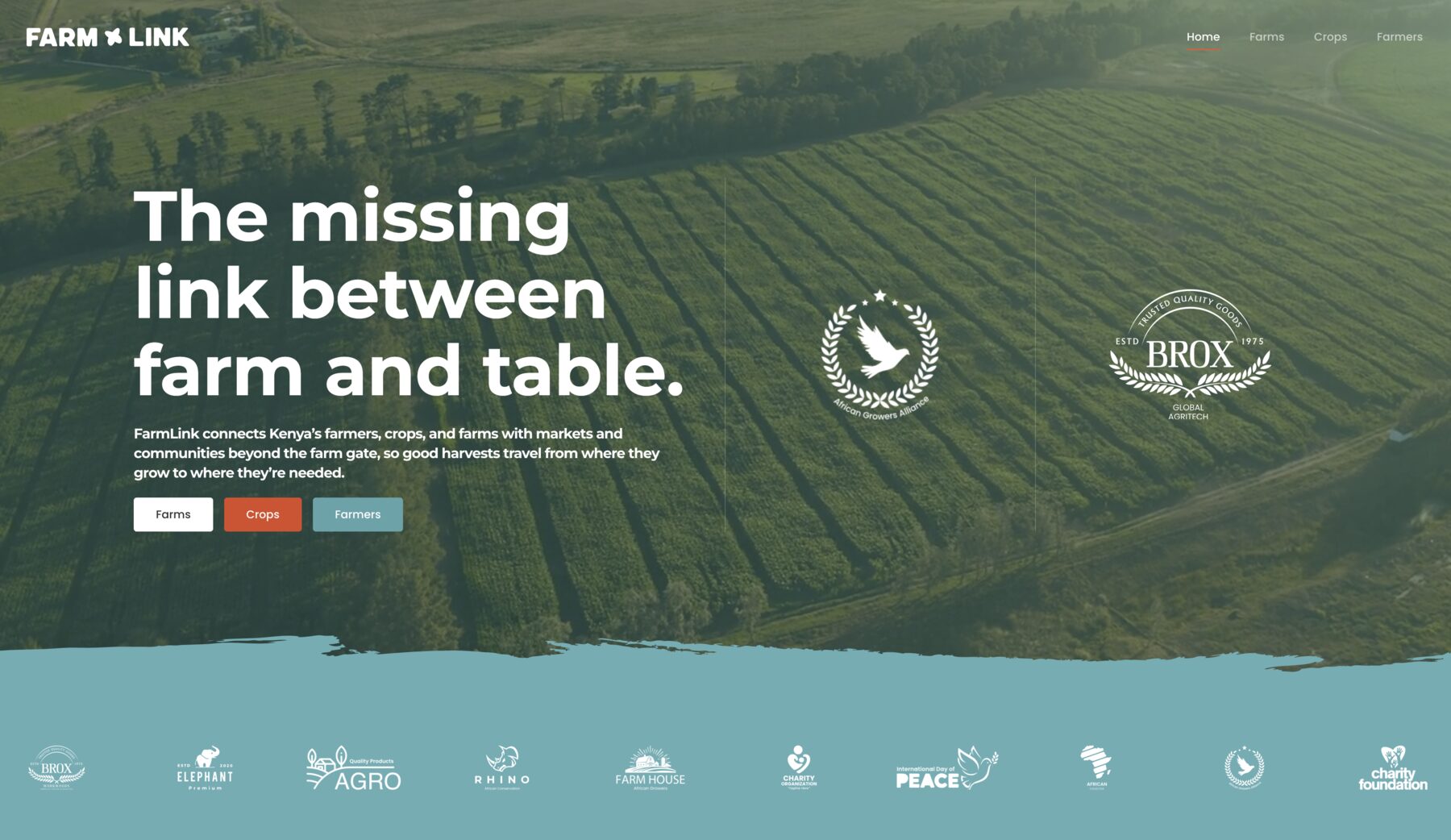 FarmLink's homepage: the missing link between farm and table, with entry points for farms, crops and farmers