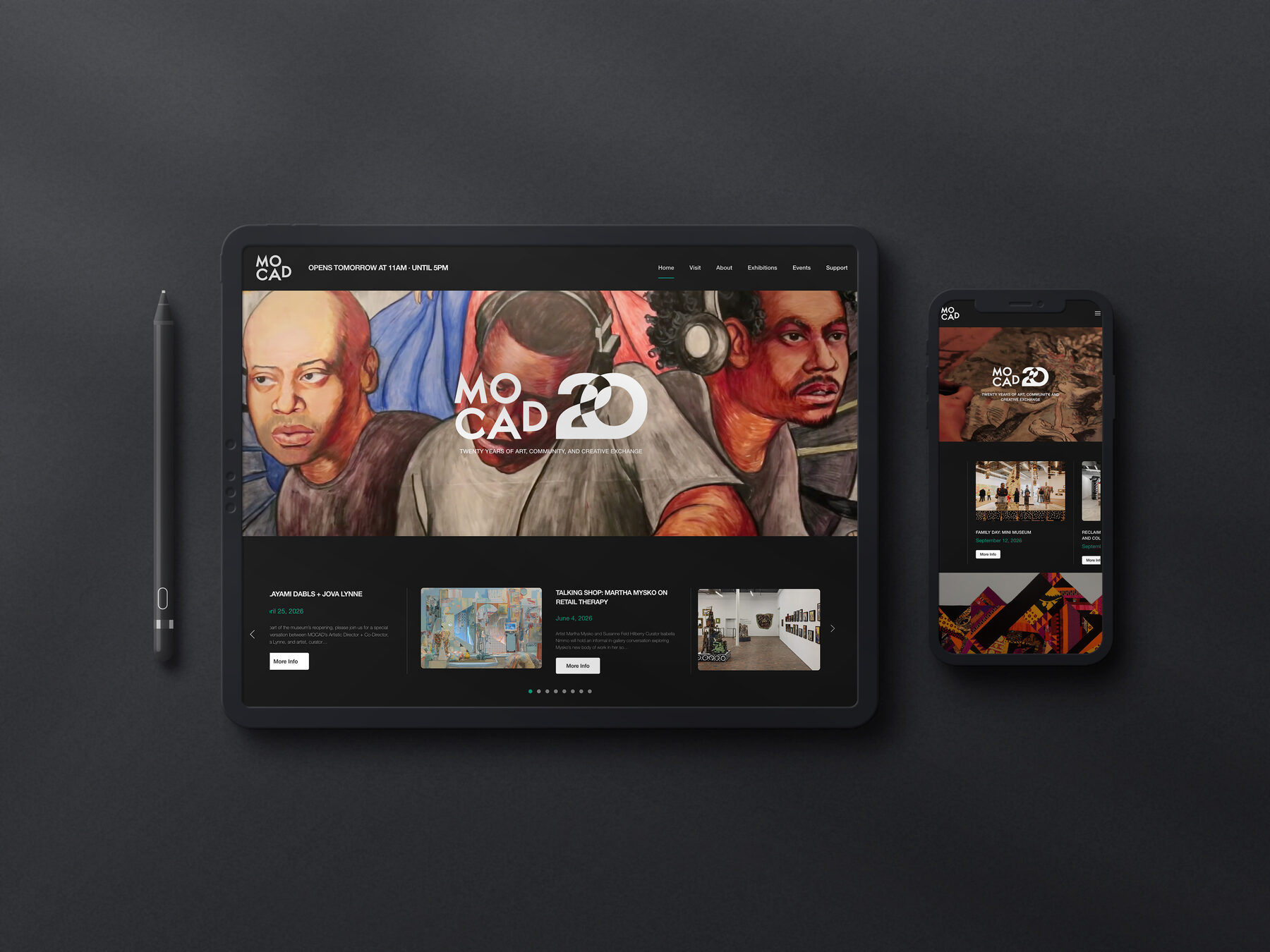 The rebuilt mocadetroit.org shown on a tablet and a phone, with the museum's twentieth anniversary mark over gallery artwork