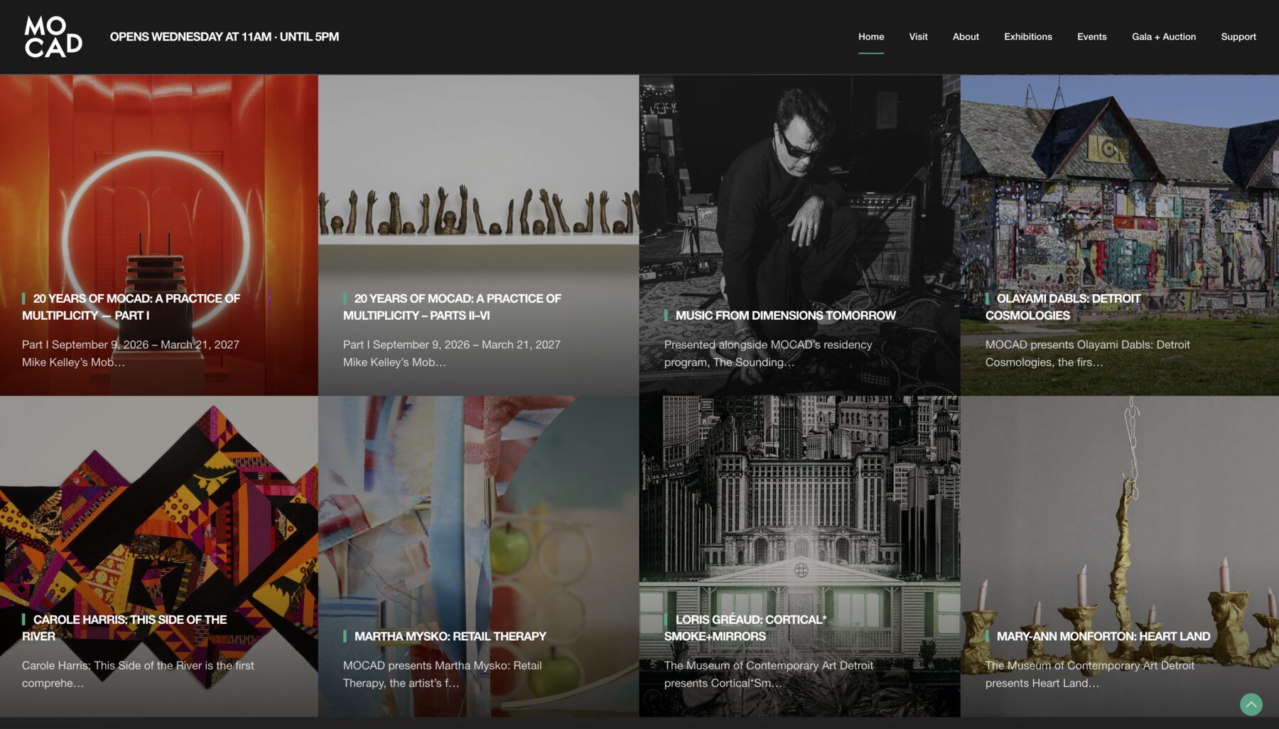 A dark grid of eight exhibition records on the live site, each led by full bleed artwork with a title and short description