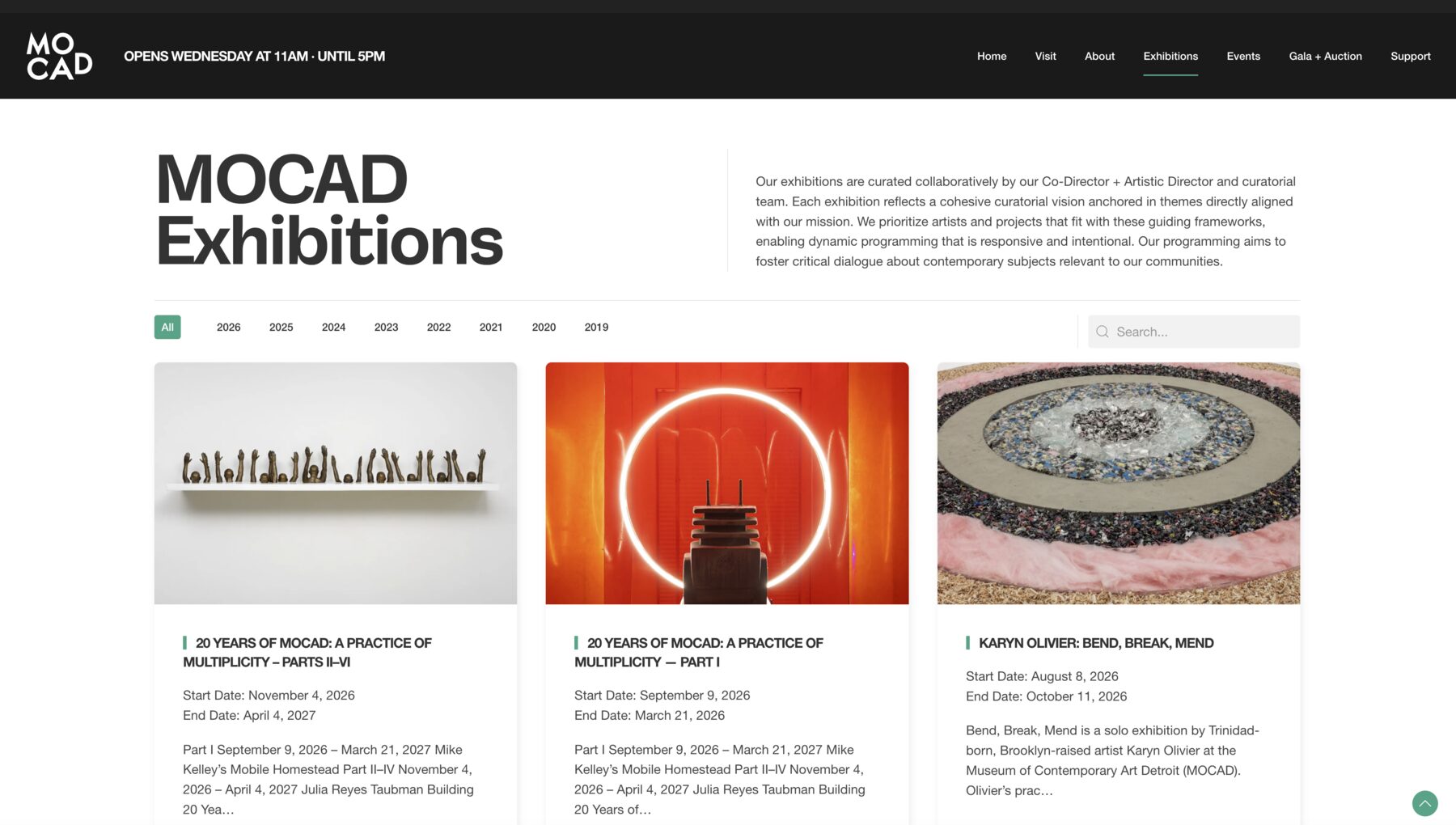 The live exhibitions index with year filters from 2019 through 2026, a search field, and exhibition cards with dates and artwork photography